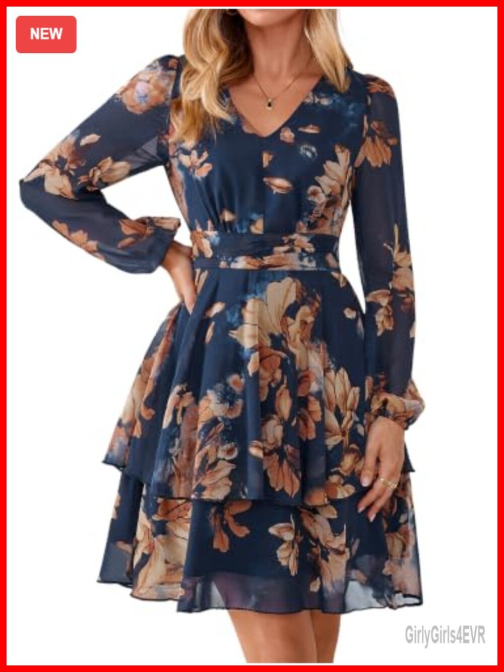 Women Floral Chiffon A Line Mini Dress Long Sleeve Wedding Guest